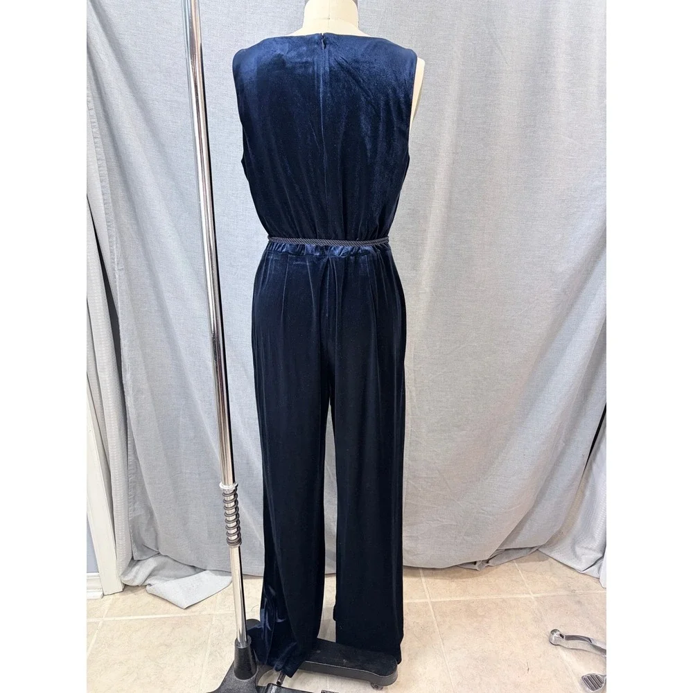 Eliza J Navy Velvet Wide Leg Formal‎ Jumpsuit Tassel Belt Size 12